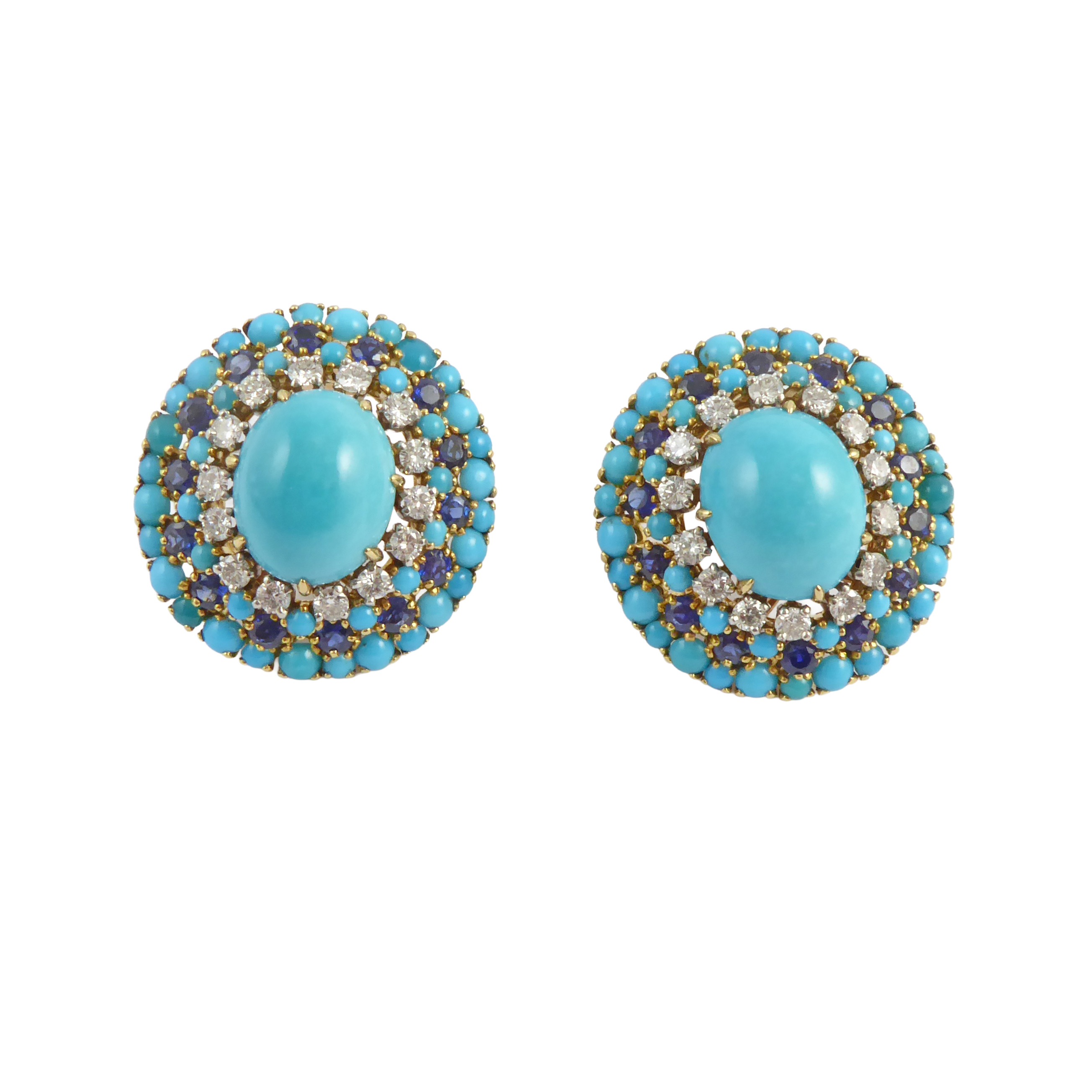 Pair of oval turquoise, sapphire and diamond cluster earrings by Van Cleef & Arpels, Paris,